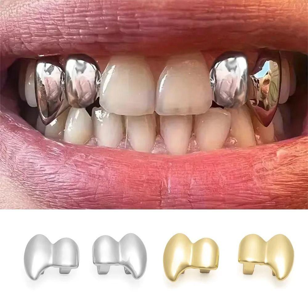 

2Pcs/Set Double Glossy Hip-Hop Tooth Grills Gold Silver Color Mouth Teeth Grillz Party Cosplay срібний