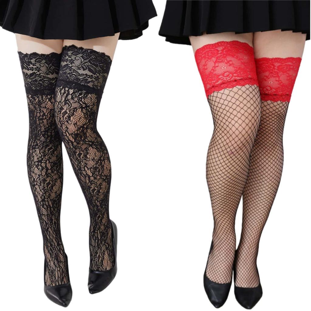 New Plus Size Black Lace Mesh Silk Stockings For Oversize Women Sexy Non-Slip Fishnet Thigh High Thin Socks Xl Spring Summer