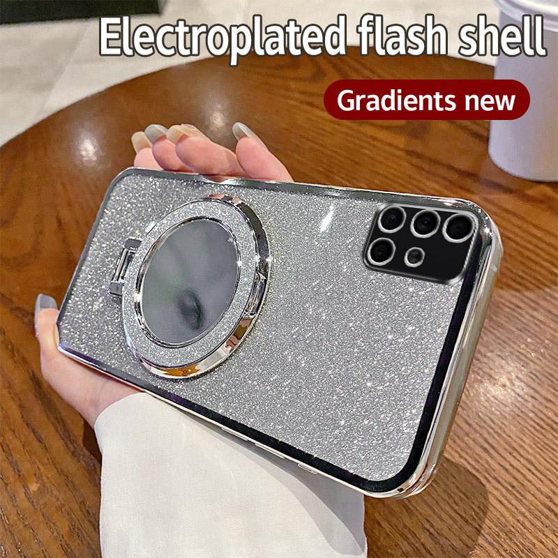 Cute Mirror Glitter Silicone Case For Samsung Galaxy A50 A51 A52 A52S A53 A54 A55 Magnetic Bracket Simple Shockproof Back Cover