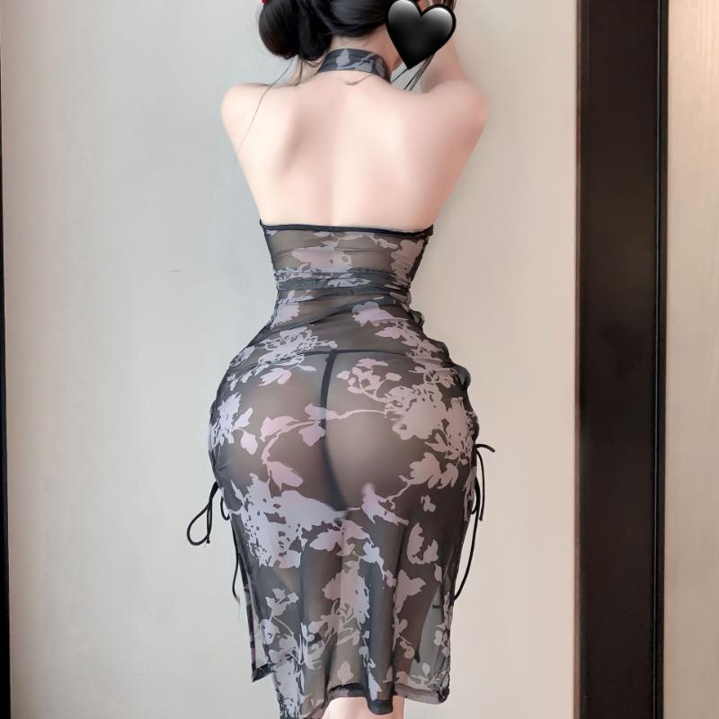 Sexy Printed Backless Cheongsam Neck Dress Embroidered Slit Classical Lingerie Retro Cosplay Woman