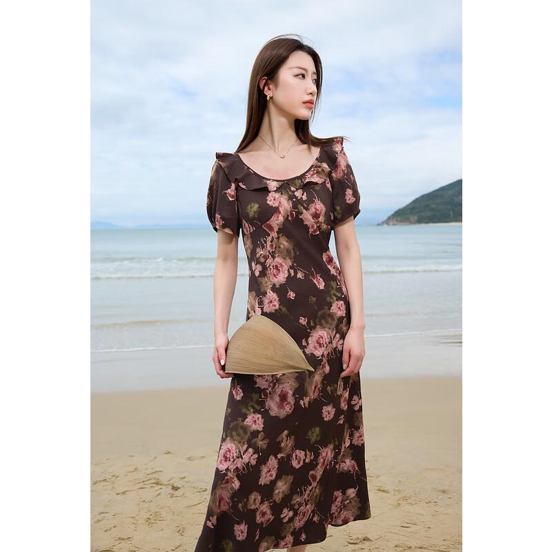 

Sancai Plus Size French Retro Rose Print A-Line Dress M