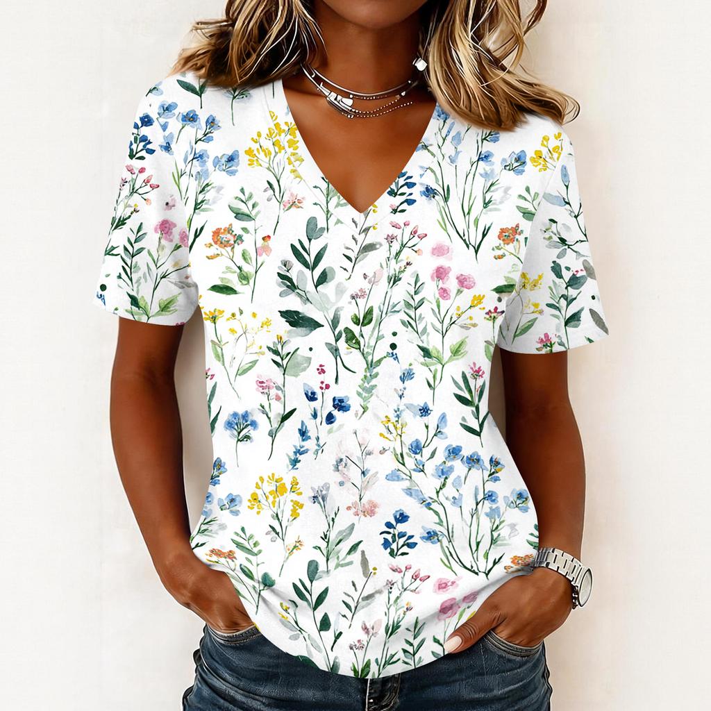 Modisches lässiges Damen-Pullover-Oberteil mit kurzen Ärmeln und Blumenprint, V-Ausschnitt