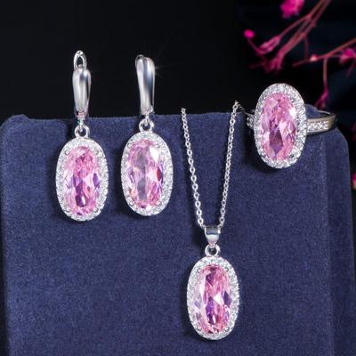 WWJ Super Sparkling Oval Shape Cubic Zirconia Engagement Ring Necklack Earrings Set