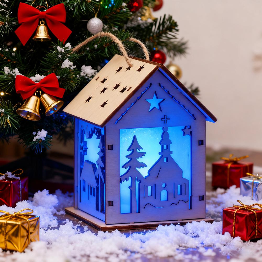 Christmas Tree Ornament, 2pcs Wooden Luminous Pendant Christmas Creative Small House Pendant for Xmas New Year  Home Party Decor