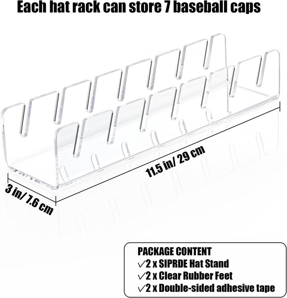 2-Pcs Clear Acrylic Hat Stand Baseball Cap Holder Without Installation 14 Baseball Caps Hat Organizer Bedroom Closet Dresser
