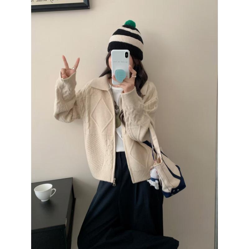 Vintage knitted cardigan women's clothing autumn and winter new loose lazy wind twist lapel zipper sweater jacket women