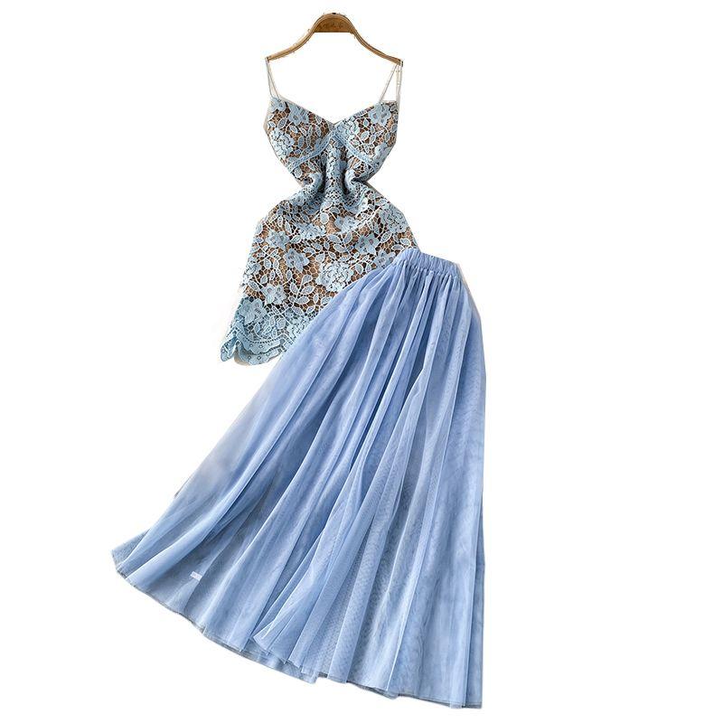 High-End Temperament Water Soluble Lace Sling Short Dress Two-piece Set High Waist Slimming Elegant Mesh Skirt