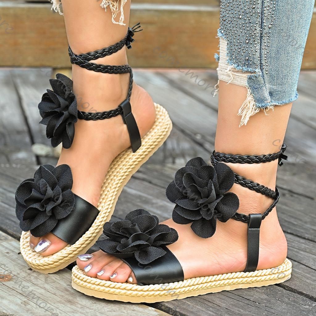 Comemore Summer Female Beach Sandals Outer Wear Thick Bottom Shoes Large-sized Ankle Lace-up Roman Flower Sandales for Women