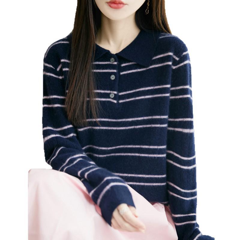 Women's 100% Pure Wool Color Block Stripe Knit Sweater - 2025 Autumn/Winter Collection