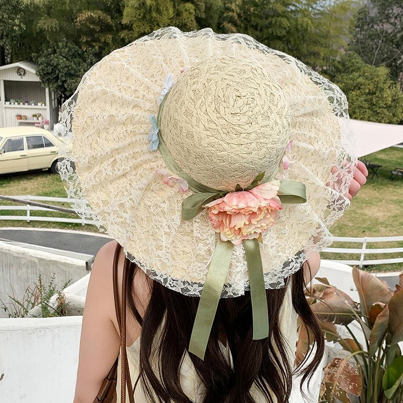 Summer Bow Sun Hat Female, Seaside Beach Vacation Sun Hat Outdoor Big Brim Sun Hat Sweet Straw Hat