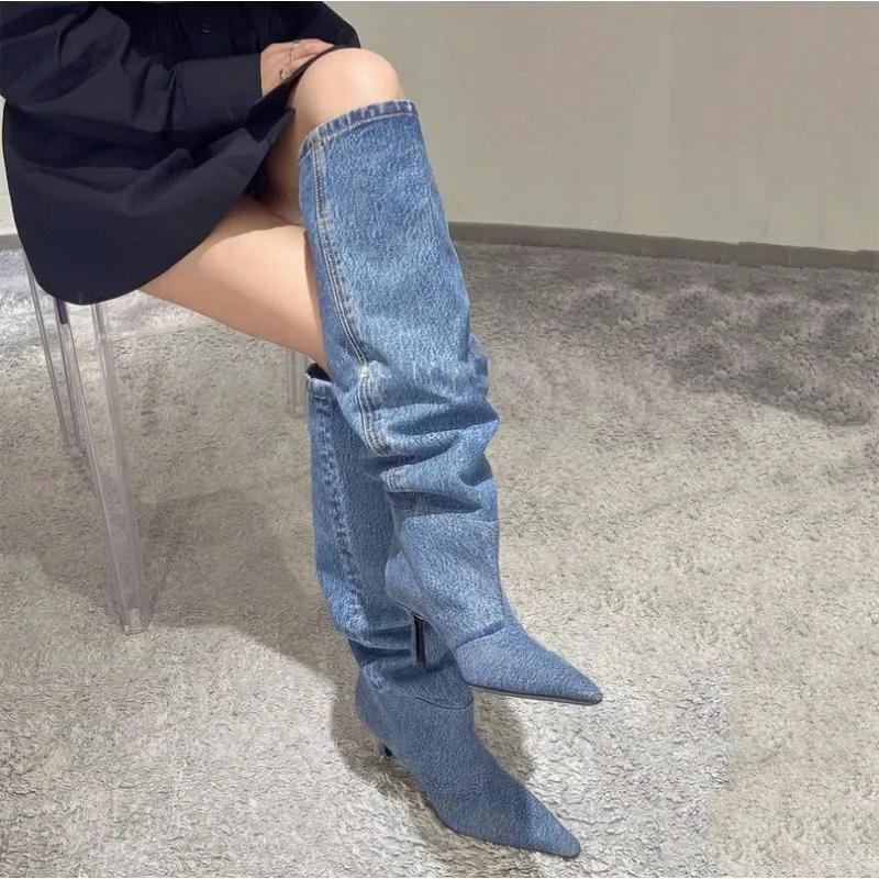 2024 Wind Pointed Folded Pile Boots 2024  Winter New Stiletto 2024 Boots But The Knee Is Thin High Heels Universal for All Seasons