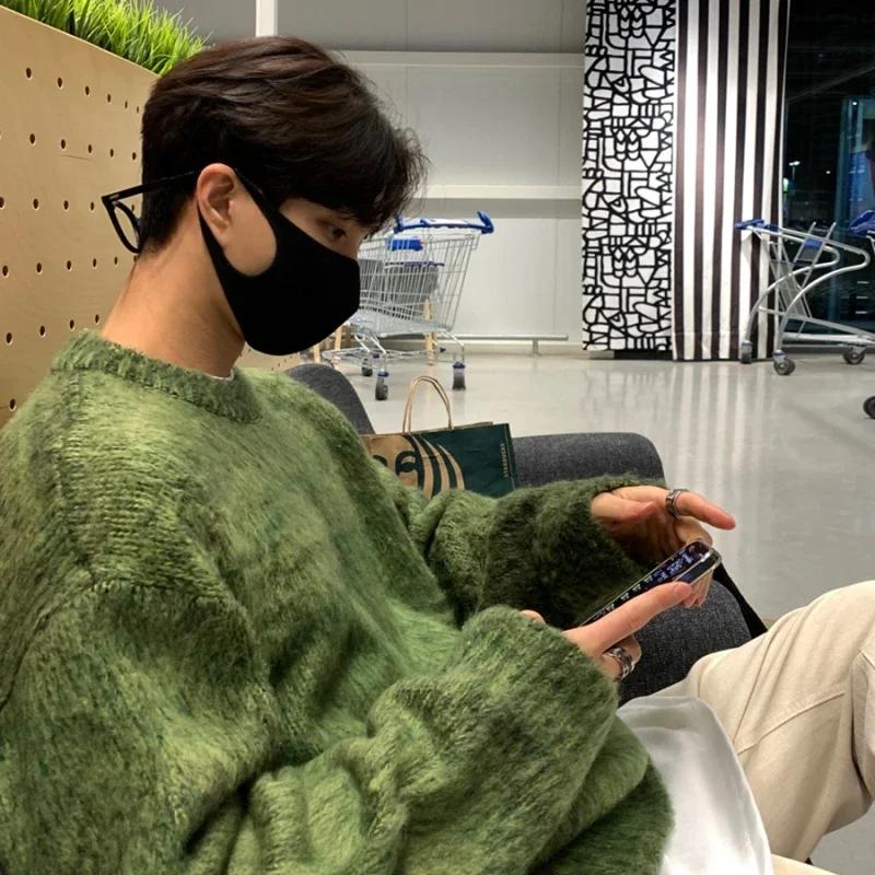 Πράσινο Ανδρικό Ρούχο Πουλόβερ Ιαπωνικό Vintage Μονόχρωμο Υπερμεγέθη Κασουάλ Πουλόβερ Πλεκτό Πουλόβερ Χειμερινό Μακρυμάνικο Κορεατικά Ανδρικά Ρούχα