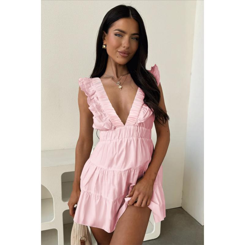 Women's Summer Sexy Deep V-Neck Ruffle Trim Mini Dress Sleeveless High Waist Tiered Slim Fit Party Vacation Dress