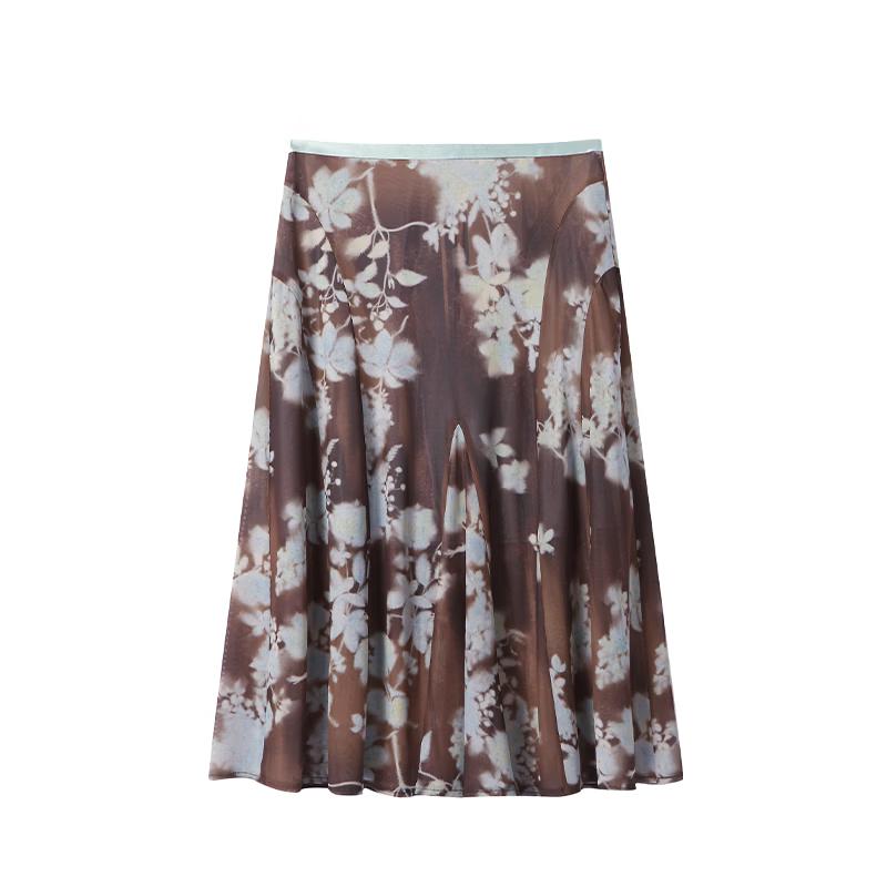 Green Belt Floral Print Midi Skirt S