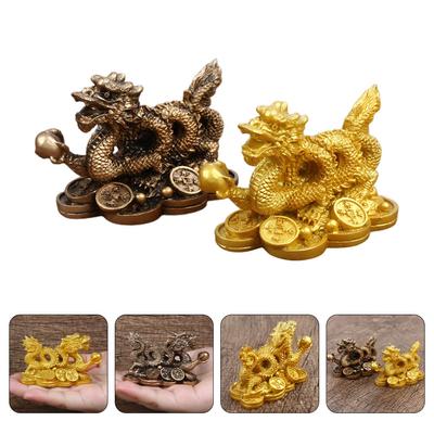 2 Pcs Decorations Money Dragon Statue Office Chinese Ancient Coins Resin Artware