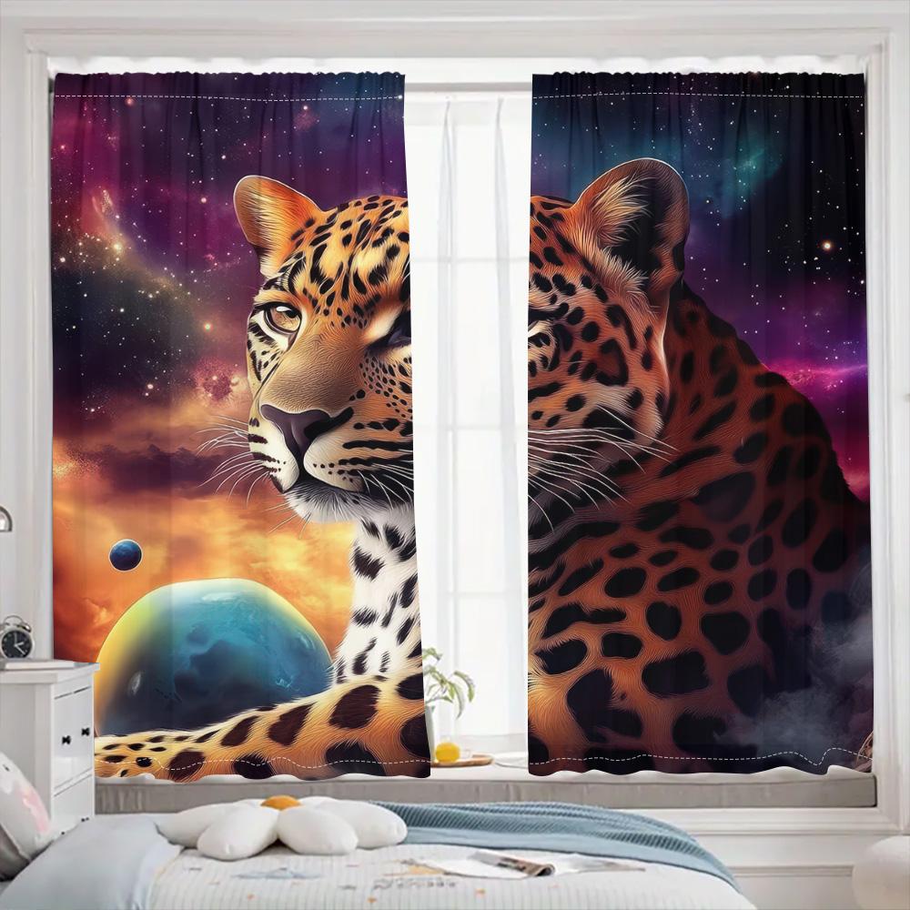Forest Leopard And Starry Sky Background Curtain, Beautiful, Dreamlike Color, A Set Of Two, Home Bedroom Living Room Curtain.