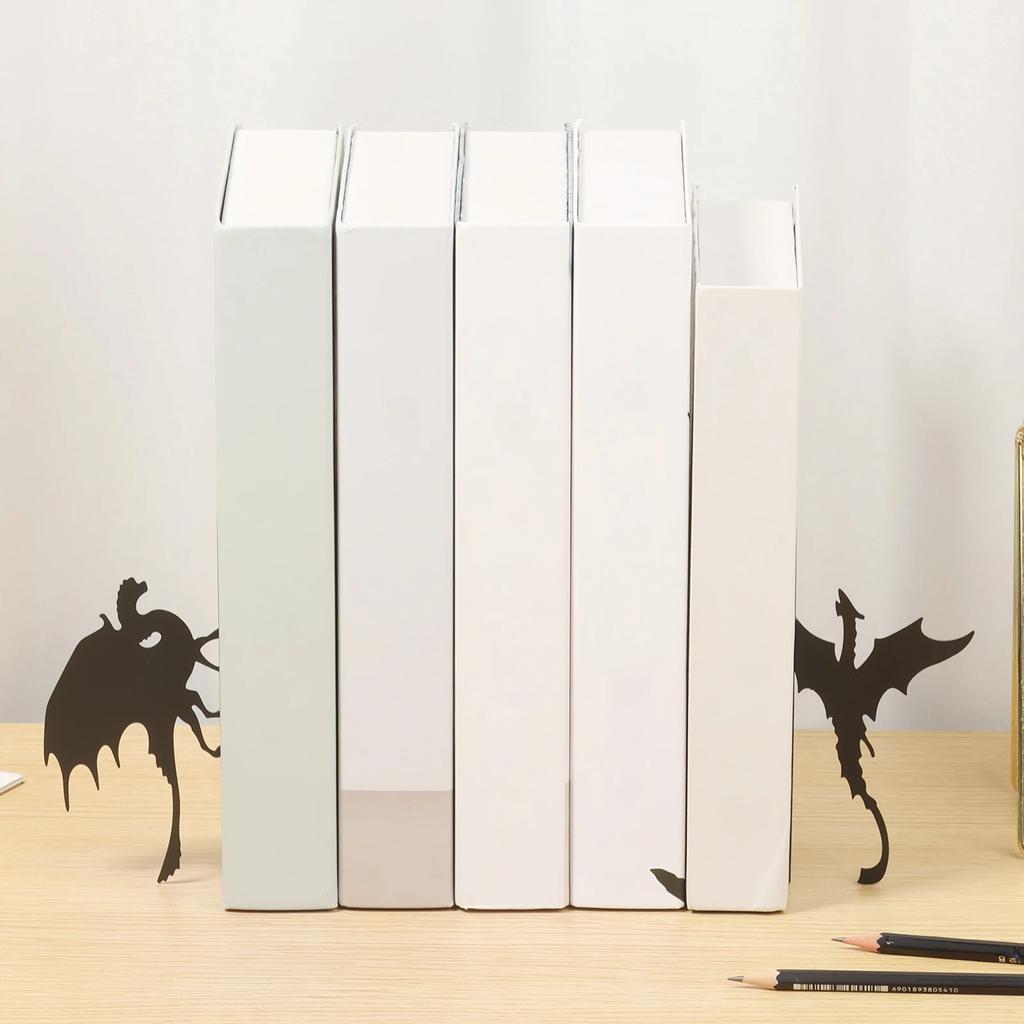 2Pcs Dragon Bookend Stable Dragon Metal Bookend with Rust Proof Spray Paint for Shelves for Securing File and Magazine Home