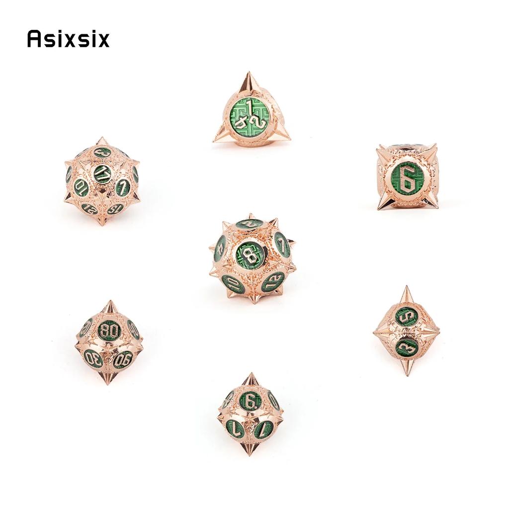 7 Pcs Copper Green Meteor Hammer Metal Dice Solid Metal Polyhedral Dice Set Suitable For Role-Playing Dice PropBoard Game Gift