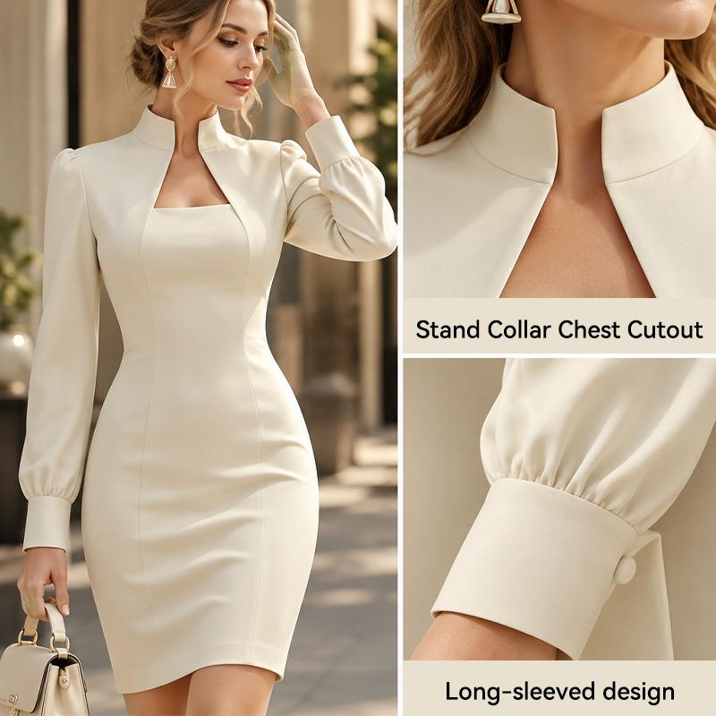 Damen Hochgeschlossenes Cut-Out Langarm Bodycon Minikleid Elegantes Partykleid