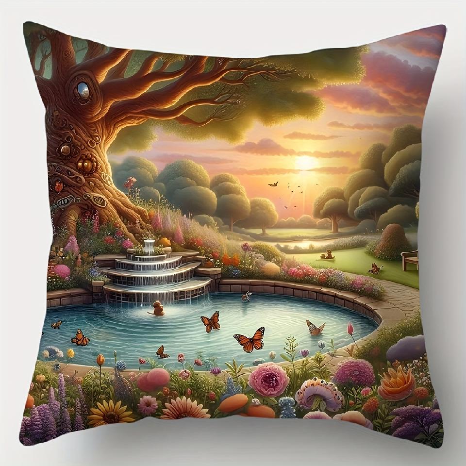 Dream Garden Single-Sided Printed Pillowcase, Sofa Living Room Fairy Tale Cushion Cover, Bedroom Bedside Romantic Pillow Cover