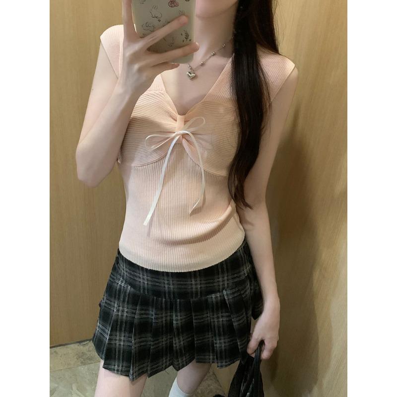 

Женский вязаный топ-камсоль с V-образным вырезом и деталью в виде банта, облегающий Onesize розовый