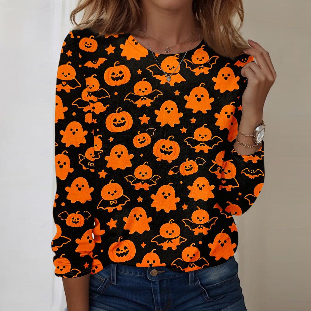 Women's Casual Long Sleeve Pullover Top Halloween Print Round Neck Sweatshirt Comfortable Fit Lightweight Fabric