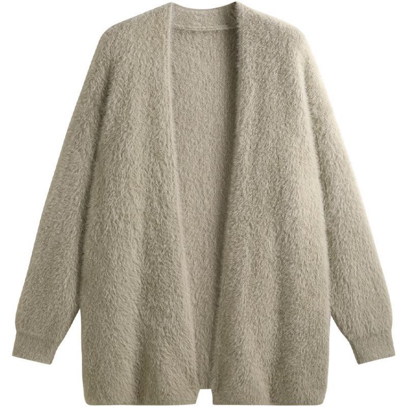 Autumn and winter fashion loose foreign style imitation mink cardigan solid color advanced sense simple medium and long sweater jacket