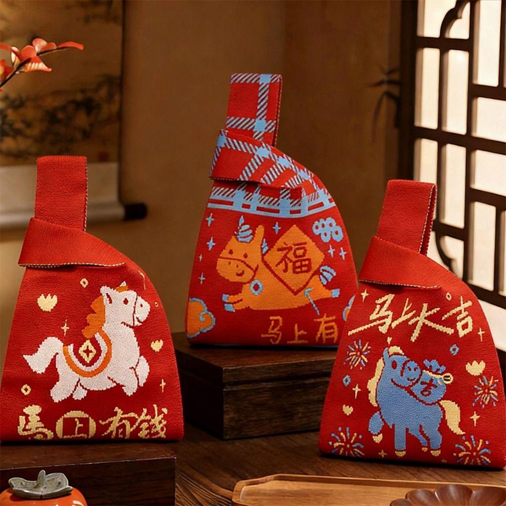 Large Capacity Knitted Handbag Cartoon Pattern Chinese Style Knot Wrist Bag Red Color Weave Pattern Woven Bag Year of the Horse
