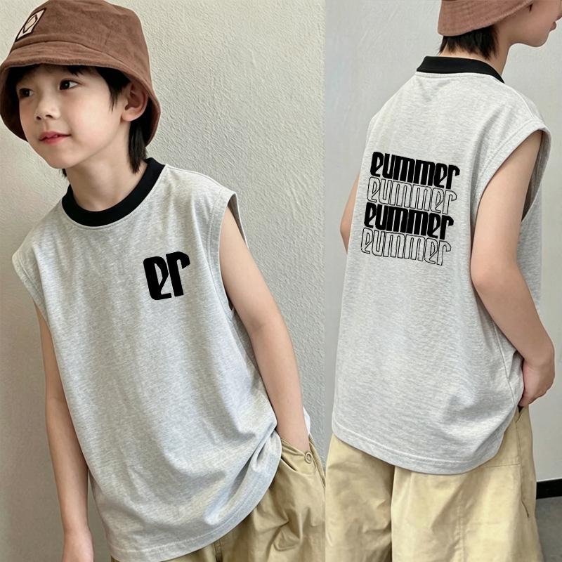 Korean Style Boys' Cotton Cartoon Color Block Sleeveless T-Shirt, Ages 6-12, New Summer Patchwork Vest Top