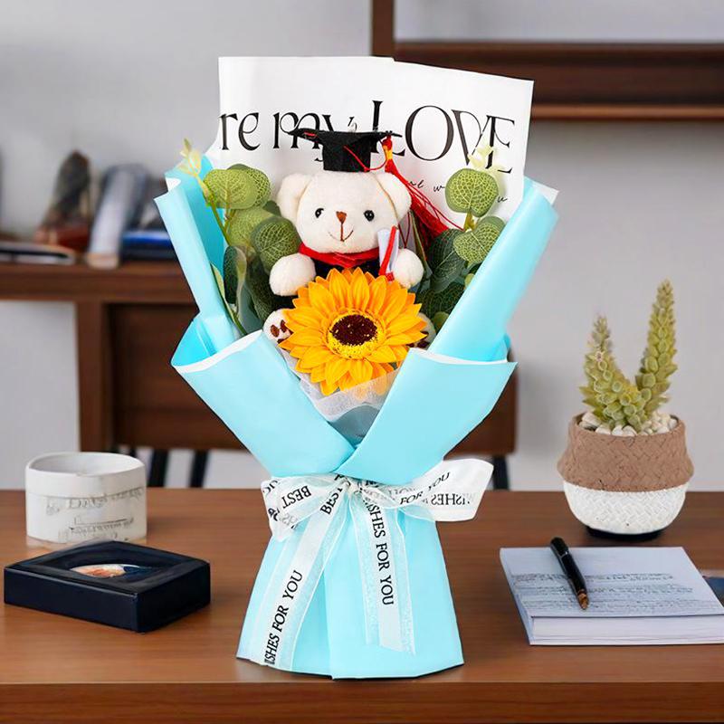 1PC Flower Bouquet Sunflower Party Decor Simulation Flower Hand-Knitted Soap Flower Doctor Bear Graduation Gift Photography Props