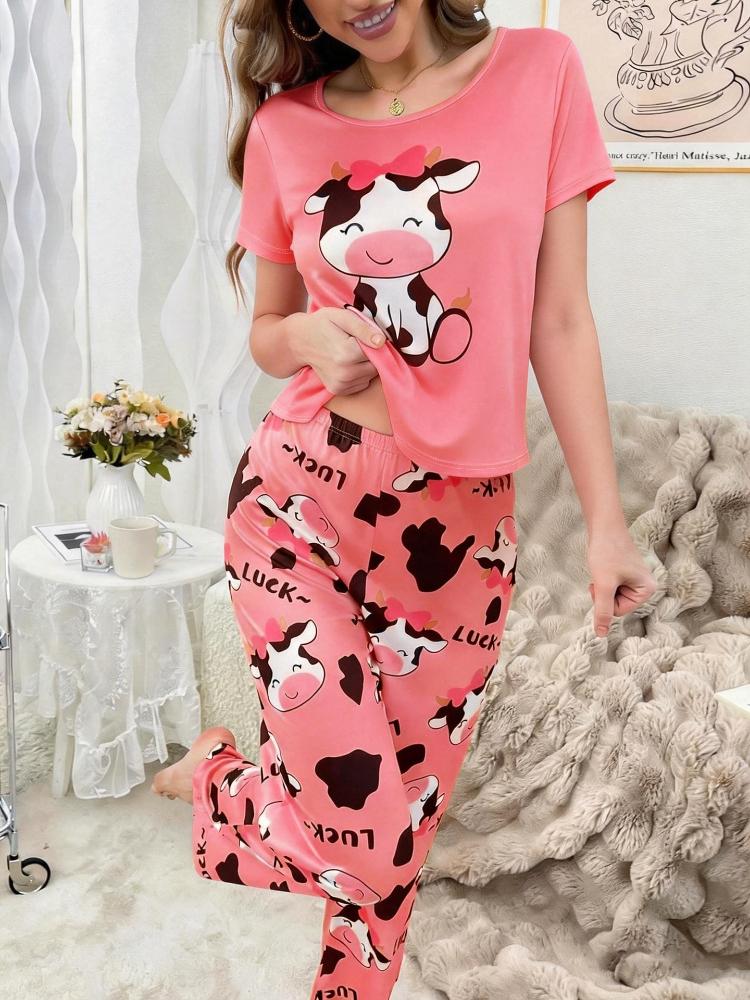 Women'S 2pcs Heart Bear Pajama Set - Cozy Red & Heart Bear Print Long Sleeve Nightgown & Pants with Elastic Waistband, Button-Up Front, Cute Pajamas