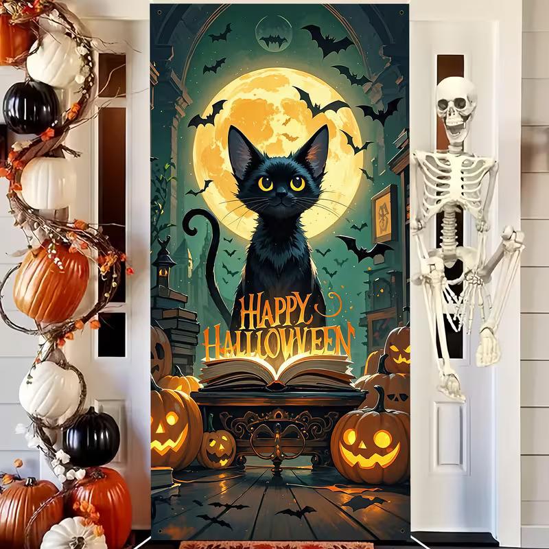 

2D Happy Halloween Door Cover, Black Cat & Pumpkin Moon Backdrop for Front Door Decor 47.2x31.5inch/120*80cm