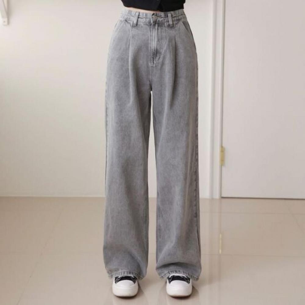 Mizqz Women No Cut 3 Length Pintuck High Waist Wide Denim Pants