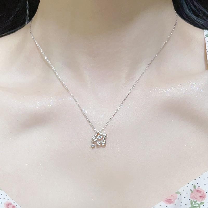 925 Silver Heart Pendant Necklace with Cubic Zirconia - Star Design Romantic Jewelry for Women Valentine's Day Gift