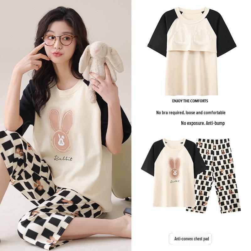 Women's Cotton Cartoon Girl Pajama Set - Short Sleeve & Capri, Wearable Outdoors