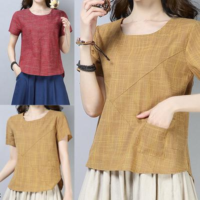 Damen Patchwork Baumwolle Leinen Kurzarm Top T-Shirt