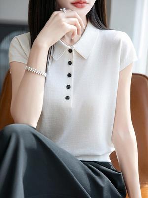Haut Polo Tricot Mélange Laine Manches Courtes Automne