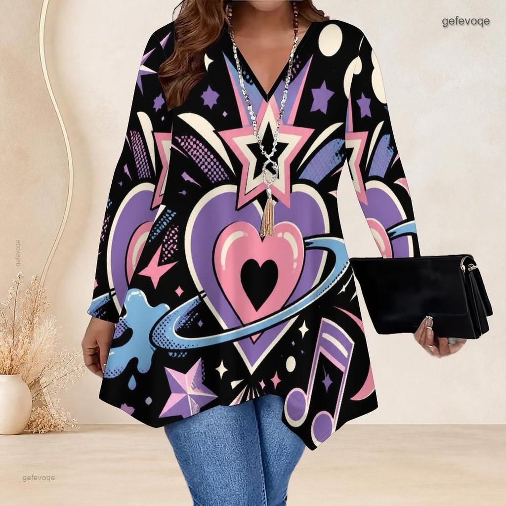 Women Plus Size V Neck Long Sleeve Printed Asymmetric Hem Flared Tunic Top