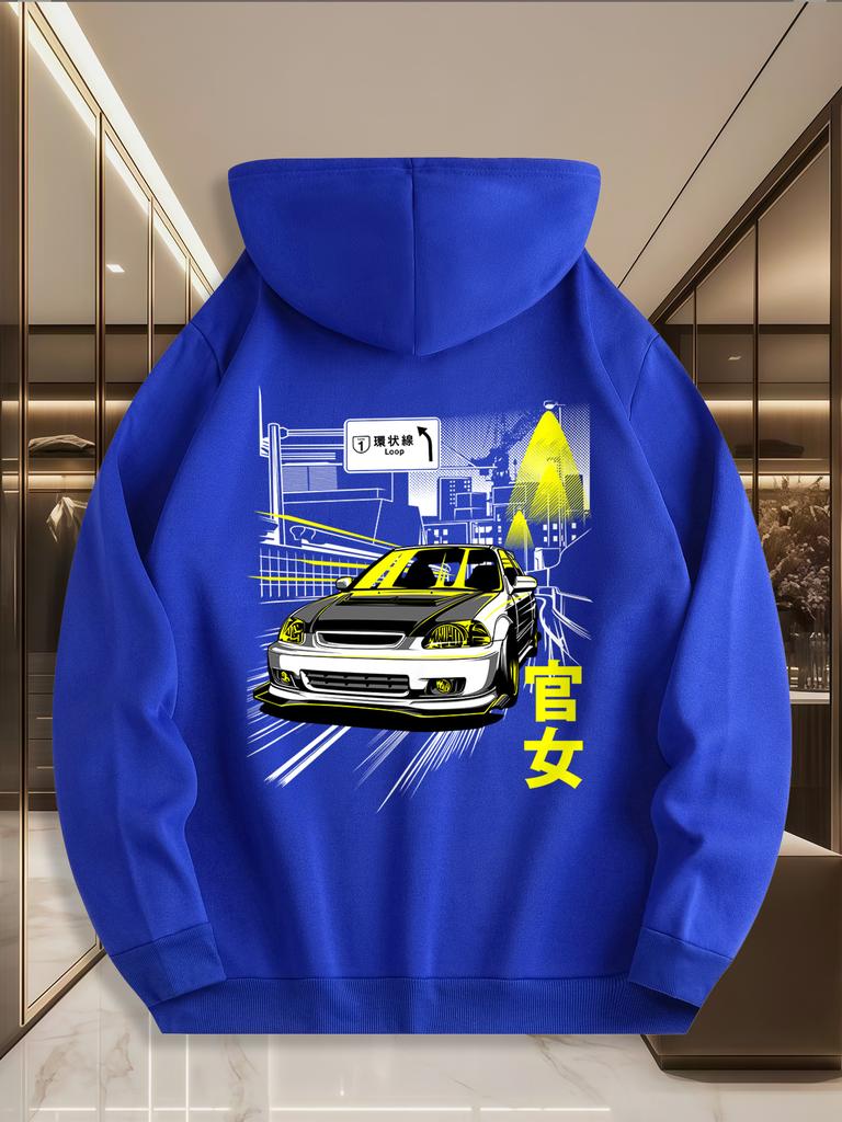 Racing Enthusiast Print Men's Casual Sports Hoodie for Autumn and Winter, Suitable for Everyday Workout Wear.