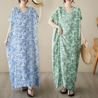 Women Dress Summer Plus Size Beach Sundress Female Linen Flowers Loose Casual Long Dress Oversize Blue