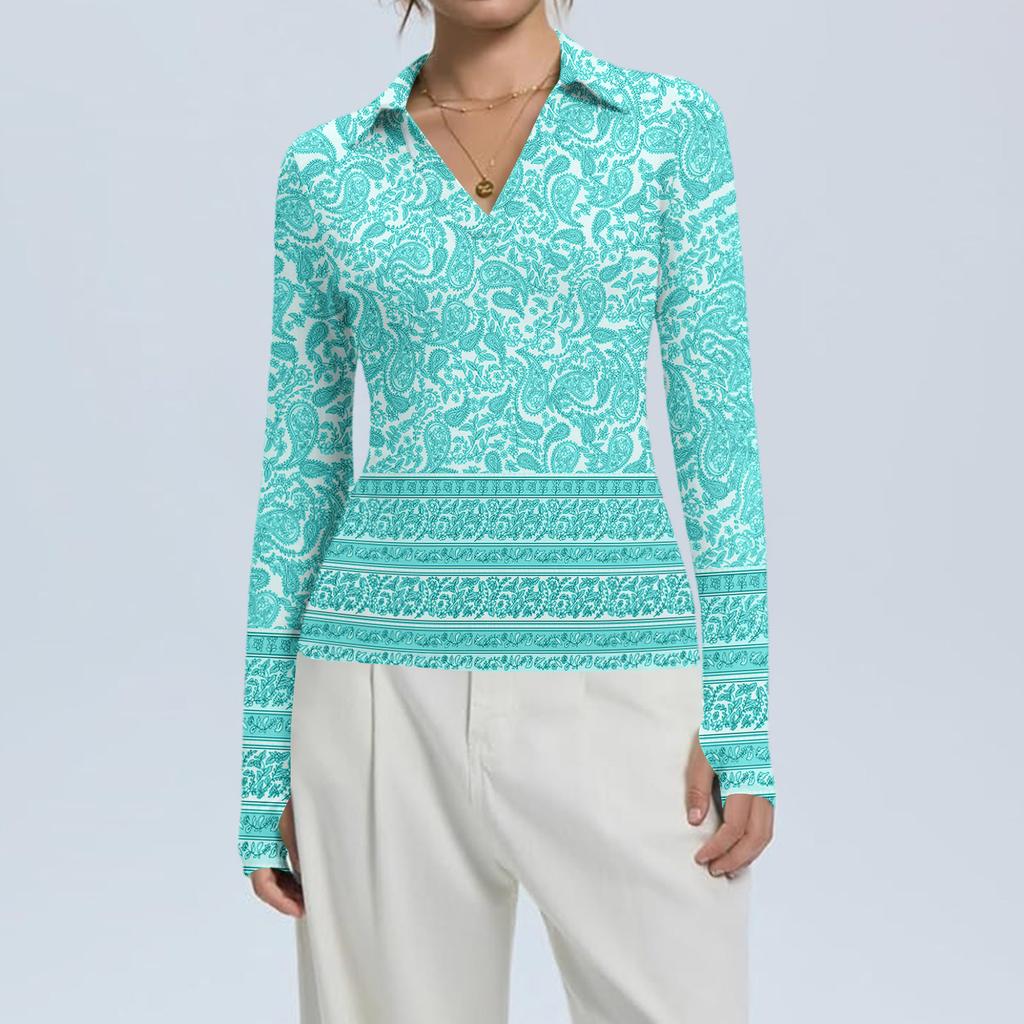 Damenmode Lässig Bedruckt V-Ausschnitt Langarm Knopfleiste Oberteil