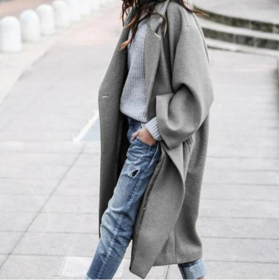 2022 Women's Plus Size Woolen Overcoat - Stylish European & American Solid Color Design
