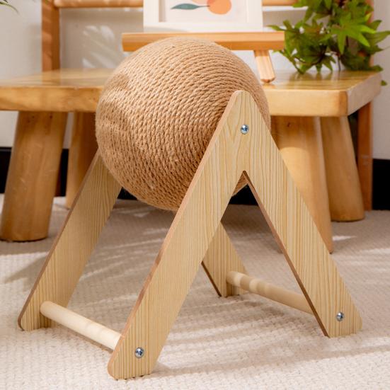 Cat Scratching Ball Interactive Sisal Rope Cat Scratcher Ball with Wooden Stand Spinning Ball Kitten Exercise Toy for Indoor Cats