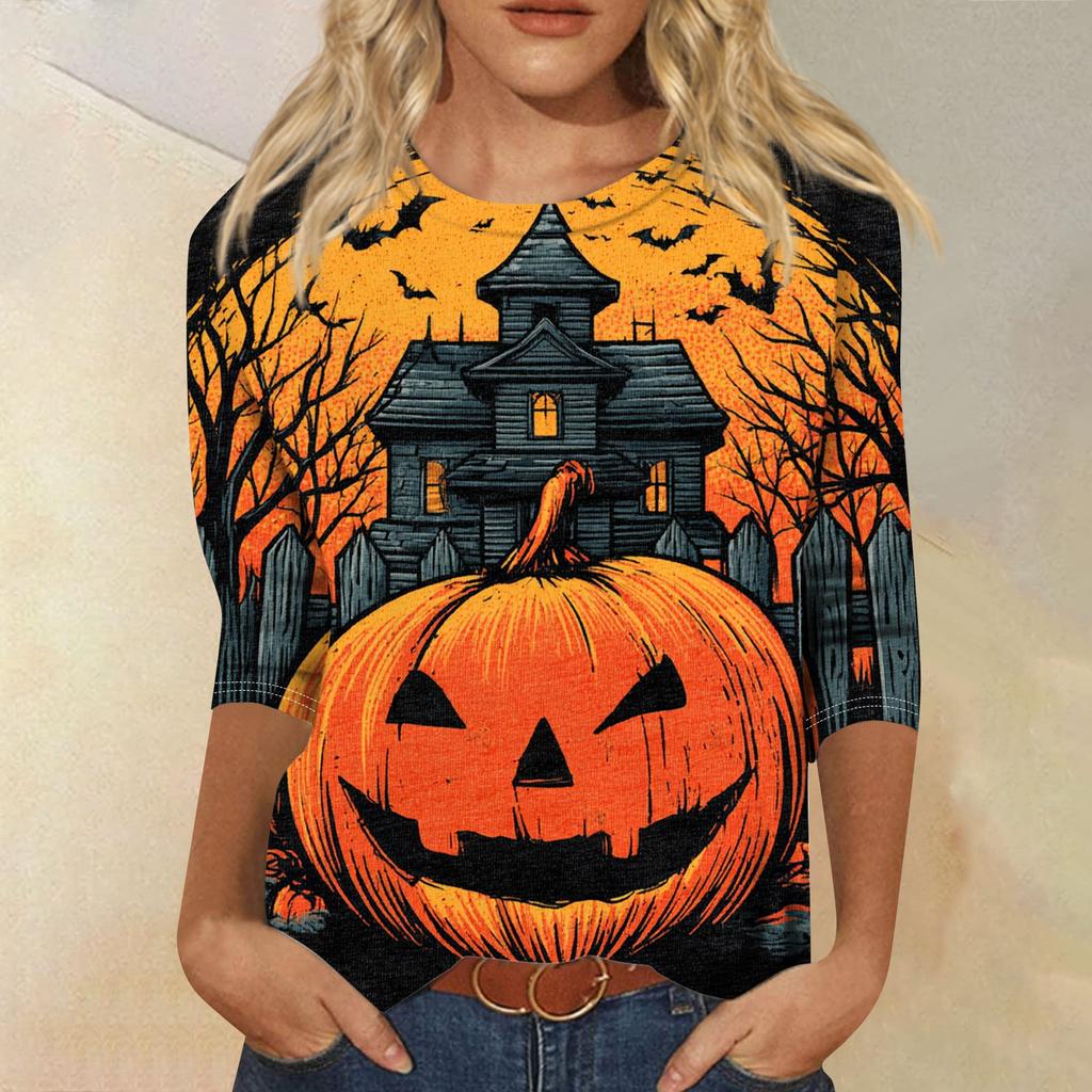 Women's Fashion Casual Round Neck Three-quarter Sleeve Halloween Printed T-shirt Top