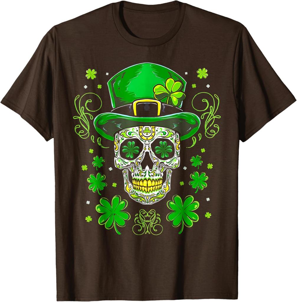 Sugar Skull Leprechaun Hat St Patrick Day Graphic Tee Cotton Short Sleeve Casual T-Shirt for Men