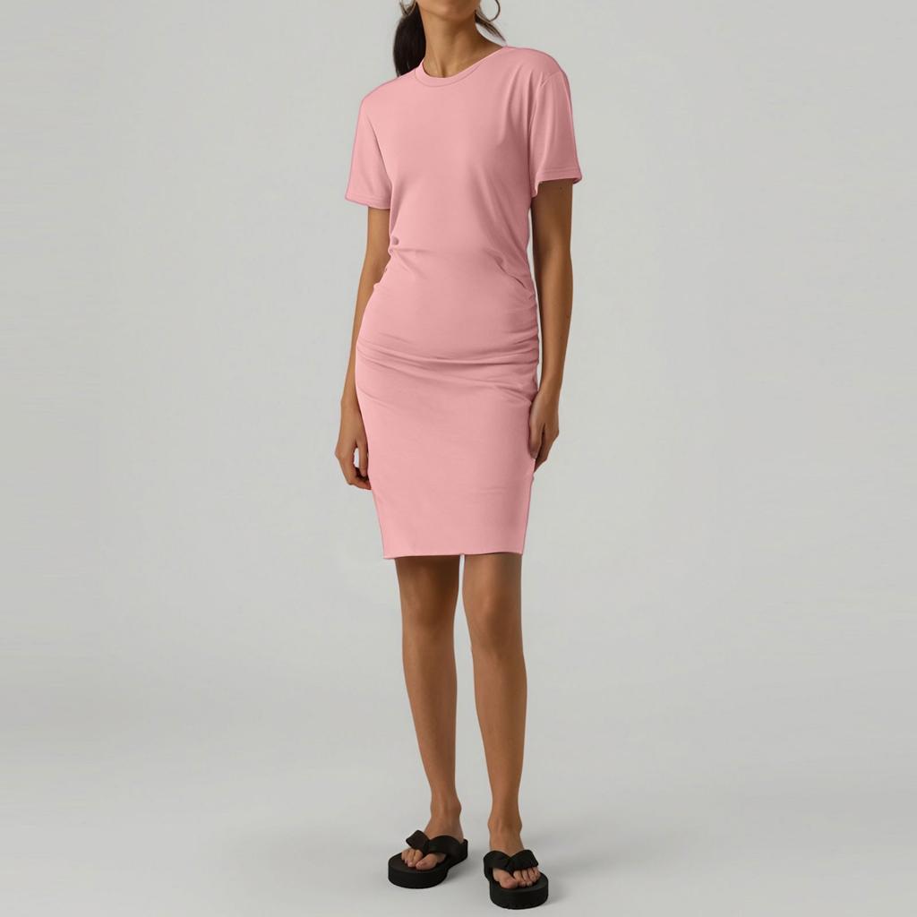 Women's Casual Fashion Summer Short Sleeved Pleated Round Neck Tight Hip Dress