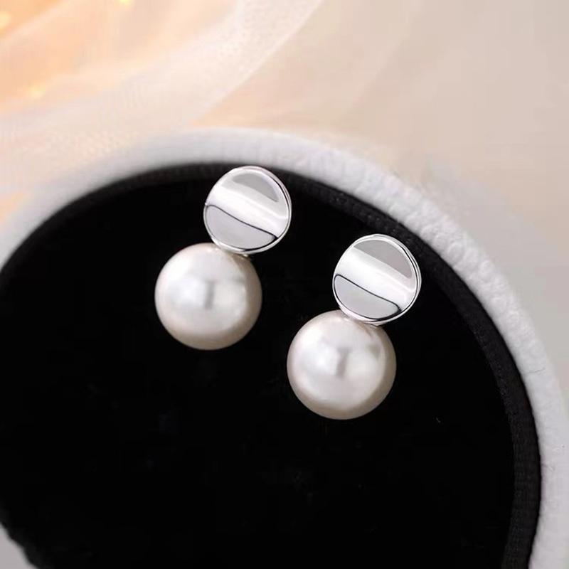 Real 925 Silver Frosted Round Pearl Stud Earrings For Women Classic Fine Jewelry Light Accessories In Summer