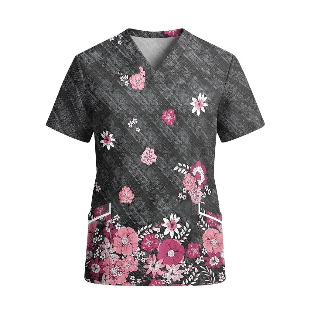 Women’s V Neck Short Sleeve Printed Work Top with Pockets Cute Animal and Heart Pattern Comfortable Fit Scrub Shirt