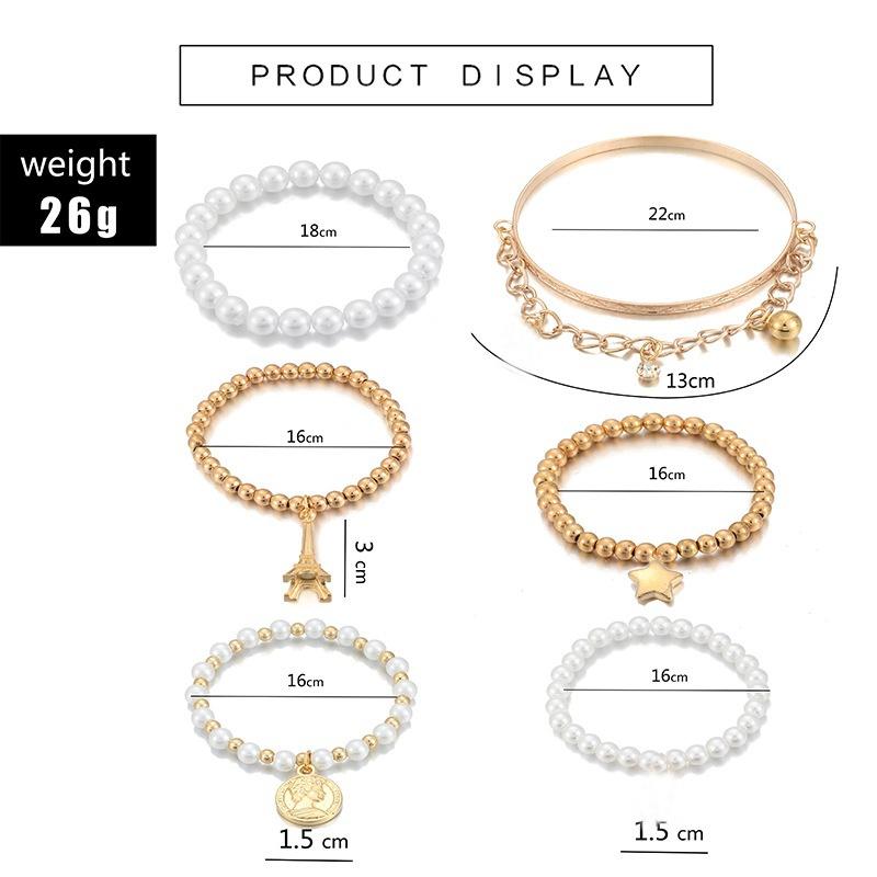 6PCS New Fashion Imitation Pearl Retro Bracelet Coin Six-piece Jewelry Multi-layer Elastic Bracelet