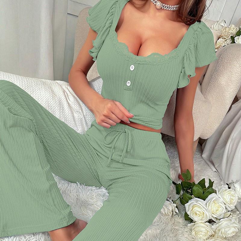 Women's Ribbed Short Sleeve Top & Long Pants Pajama Set - Autumn/Winter Collection